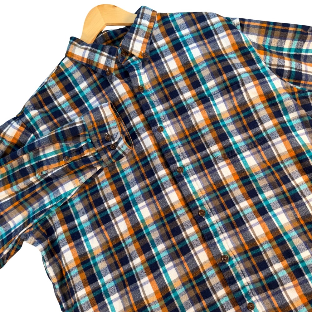 Lands End Mens XL Tall Flannel Shirt Orange Teal Plaid Button Down